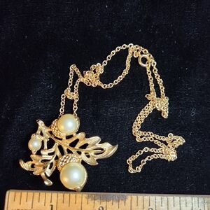 Autumn Glory Pendant and / or Brooch Faux Pearl Acorns and Gold Plate